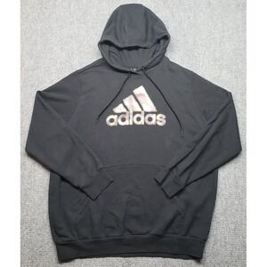 Adidas Hoodie Mens 2X Black Pullover Logo Drawstring Long Sleeve Fleece